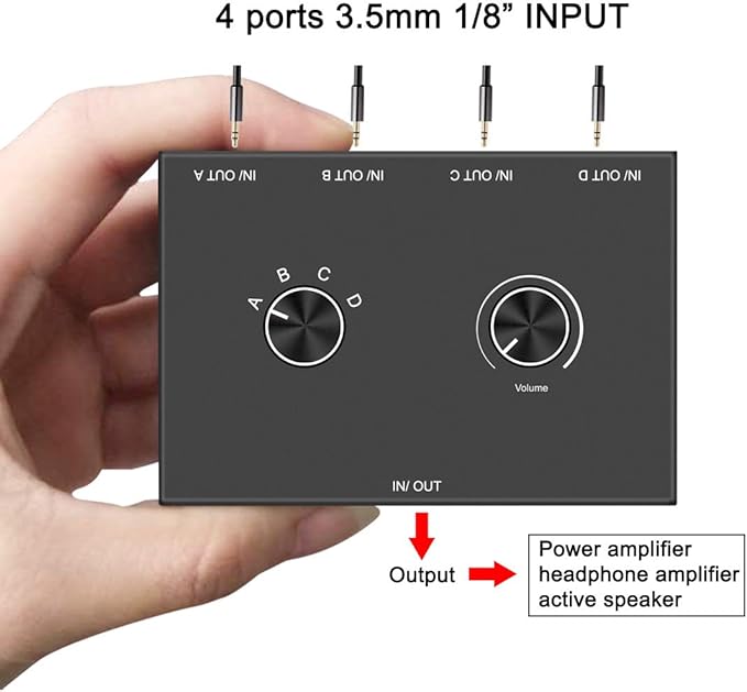 4-Way 3.5mm Stereo Audio Switcher - Passive Speaker Headphone Manual Selector Splitter Box (4 In - 1 Out)