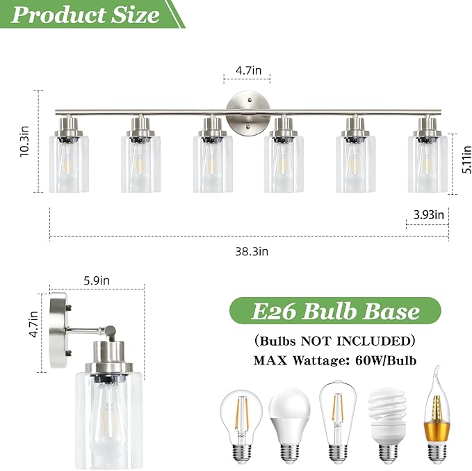Guliaofo 6-Light Nickel Bathroom Vanity Lights, E26 Modern Bathroom Light Fixtures with Clear Glass Shade, Wall Lamps for Mirror Hallway Kitchen Cabinet Living Room Sconces Lights
