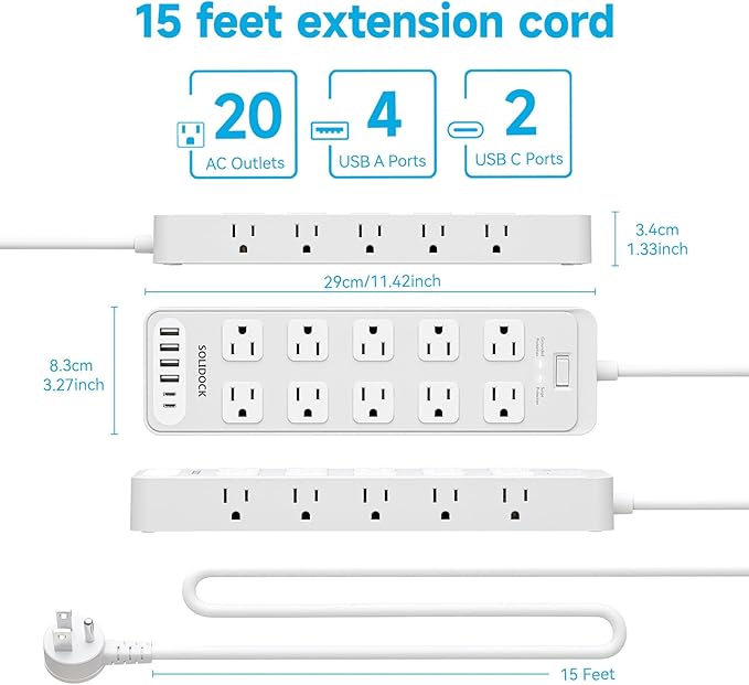 Solidock Power Strip Surge Protector Flat Plug with 20 AC Outlets 6 USB Chagring Ports, 1875W/15A, 2700J, 15 Ft Heavy Duty Extension Cord for Home, Office, Dorm, Gaming,ETL Listed (White, 15Feet)