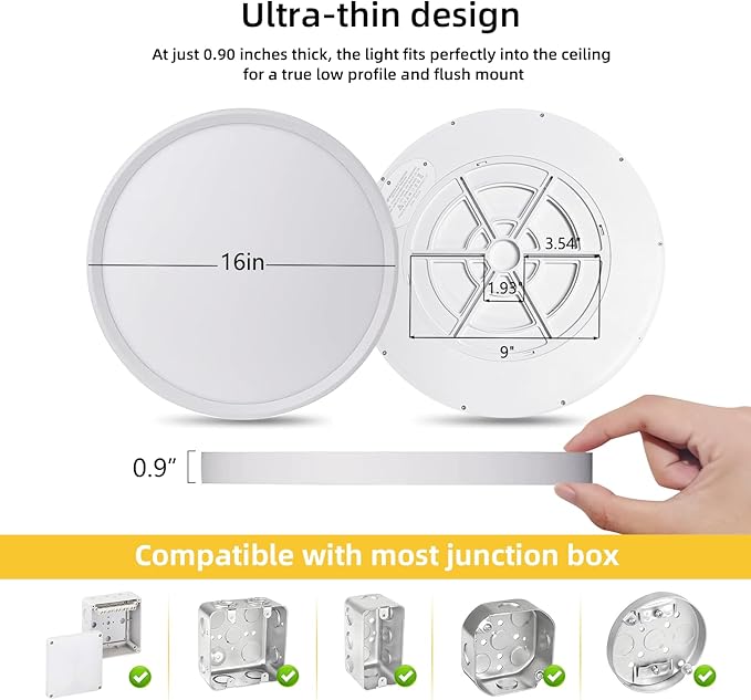 RLEDPZTX Led Flush Mount Ceiling Light,16 Inch 32w 3480lm,3000k/4000k/6000k 3CCT Selectable, Round Modern Flat Panel Super Slim Led Ceiling Light,for Living Dining Kitchen Bedroom Room (1Pack-White)