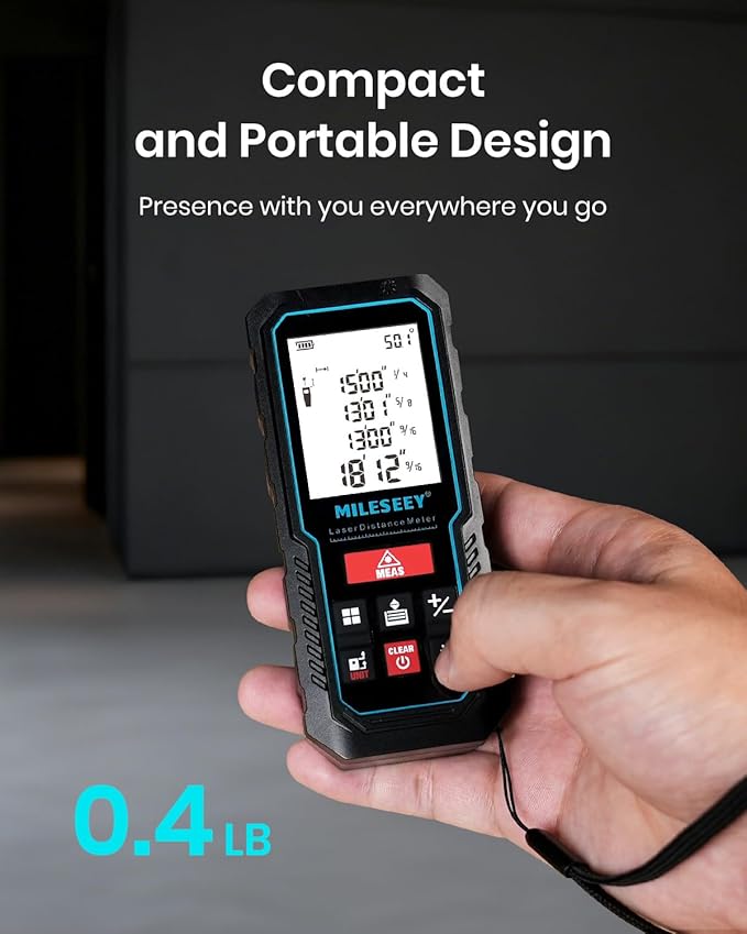 Laser Measure Device, MiLESEEY 229ft Digital Laser Tape Measure with Upgrade Electronic Angle Sensor, 2mm Accuracy, Area Measurement,Volume and Pythagoras, 2" LCD Backlit,Mute, Battery Included