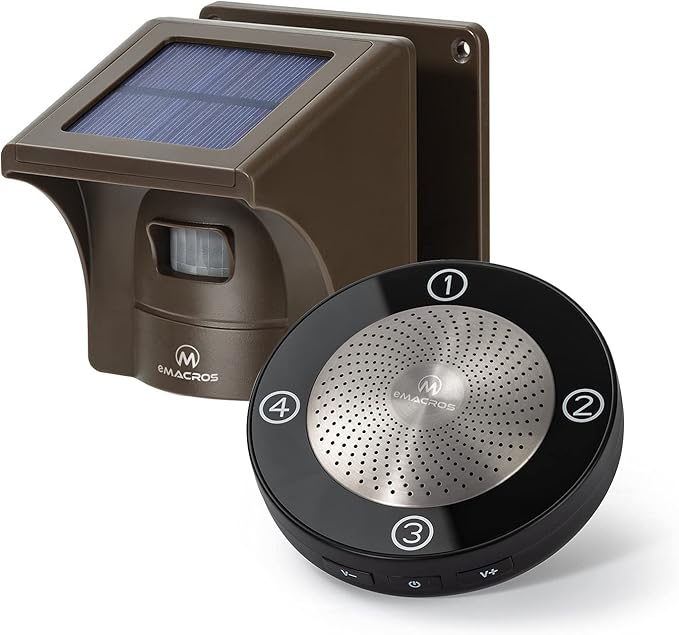 eMACROS Solar Wireless Driveway Alarm — 1/2 Mile Long Range Motion Sensor for Long Driveways, Homes & Large Properties, Outdoor Weatherproof Security Alert System, Plug‑in Receiver