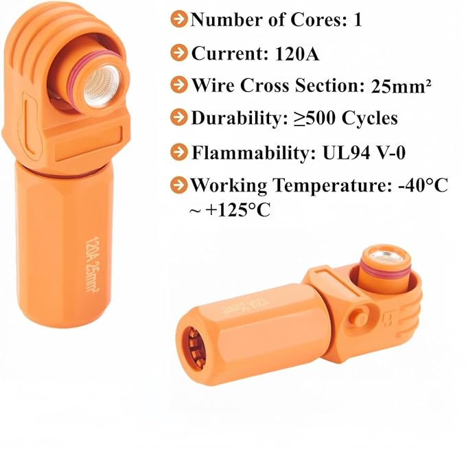 IP67 Waterproof 25mm² 120A High Voltage High Current Battery Energy Storage Connector Right Angle Single Core Plug,1PC (Orange, 120A)