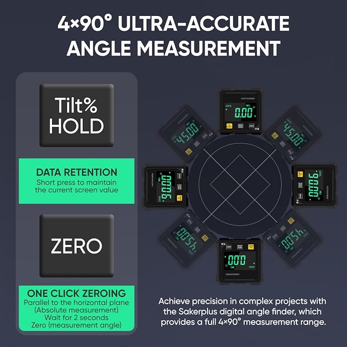 Saker Digital Angle Finder Protractor Tool,Precision Angle Measuring Tool, 360° Digital Protractor with Magnetic Back, High-Visibility LCD Screen for Woodworking, Metalworking & Masonry (2 packs)