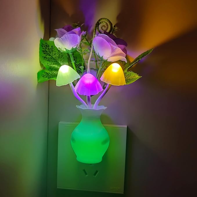 AUSAYE 3Pack Sensor Night Lights Plug into Wall Rose Flower Light, Led Lamp Dream Nightlight Mushroom Night Lights for Kids Adults Room,Bathroom,Kitchen,Hallway