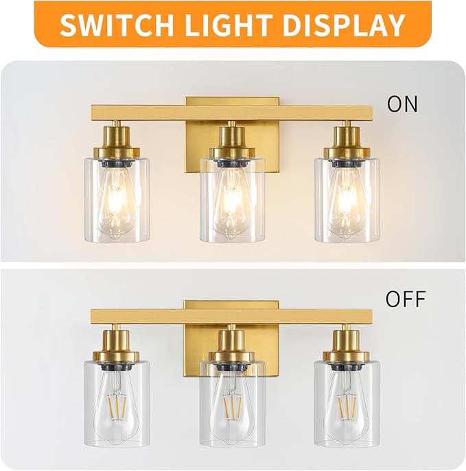 DIKAIDA 3 Light Gold Bathroom Light Fixtures, Bathroom Vanity Light Over Mirror, Gold Wall Sconce Vanity Lighting with Clear Glass Shade,Modern Farmhouse Bath Wall Lamp for Mirror Kitchen