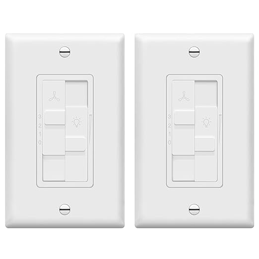 TOPGREENER Combo Dimmer Switch with 3-Speed Fan Control, Light and Fan Combination Switch, Single Pole, 200W LED/CFL, Neutral Wire Not Required, Wall Plate Included, TGDSFS3-W-2PCS, White, 2 Pack