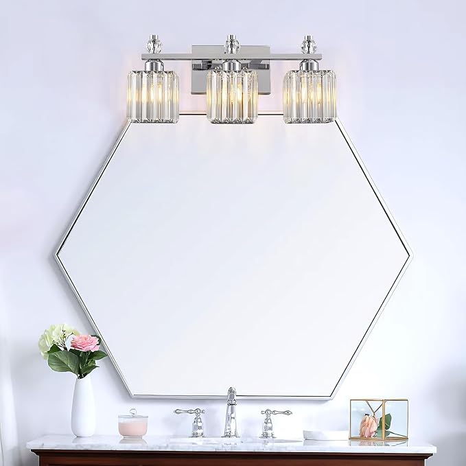 FDPBY Bathroom Vanity Lights 3-Light Modern Crystal Vanity Light Chrome Bathroom Light Fixtures Over Mirror Crystal Bathroom Vanity Lighting Fixtures