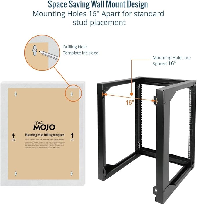 Tecmojo 12U Wall Mount Server Rack, Open Frame Network Rack for 19" Computer/AV/Data/IT/Media Equipment, 18" Depth, 16" Apart Mounting Holes, Swing Gate, Square and Tapped Holes
