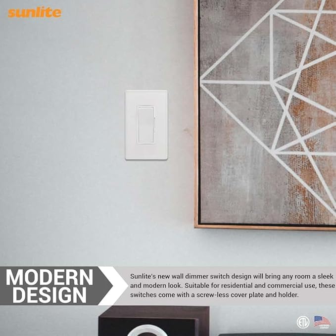 Sunlite LED Wall Rocker Style, Slide Bar Triac Dimmer Switch, Screwless Wall Plates Included, Single Pole or 3-Way Switching, 120 Volts, 200W Max for LED, 600W Max for Incandescent, White, 1 Pack