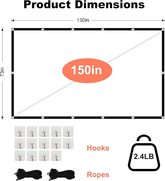 Projector Screen TOWOND 150 inch Projection Screen Indoor Outdoor Washable Anti-Crease 16:9 HD Rear Front Movies Screen for Home Theater Office