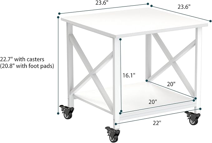 TQQDCI Printer Stand, 23.6 x 23.6 Inches Large Printer Stand with Storage Shelf, 2 Tier Printer Table for Home Office, Rolling Printer Cart with Industrial Wheels, Mini Fridge Stand Table, White
