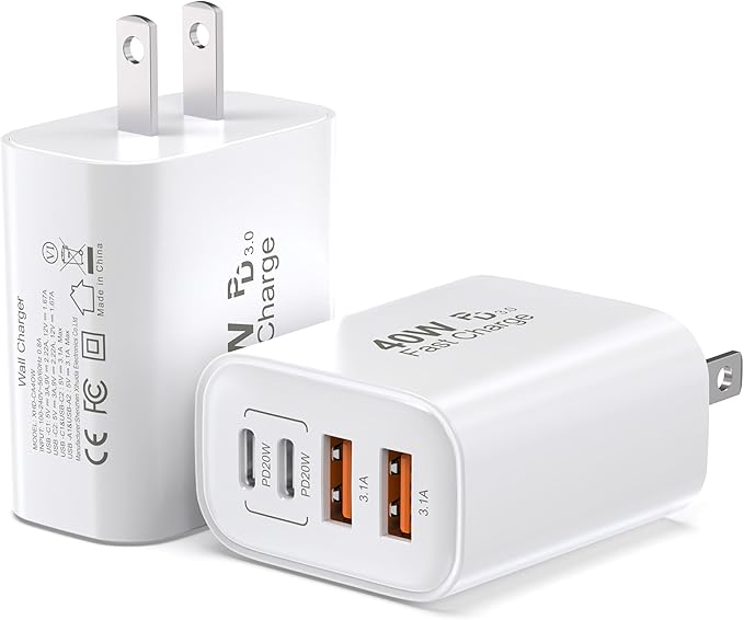 USB C Charging Block, 2-Pack 40W 4 Ports USBC Wall Charger Plug Fast Charging, iPhone Charger QC Multiport Adapter Charger Type C Box Brick Cube for iPhone 17 16 15 14 13 12 11 Pro Max, Samsung Phone