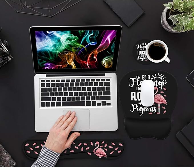 Mouse Pad Wrist Support and Keyboard Wrist Rest Set with Coasters, Inspirational Quote Be a Flamingo in a Flock Pigeons with Non-Slip PU Base Ergonomic Mousepad for Computer Laptop Home Office