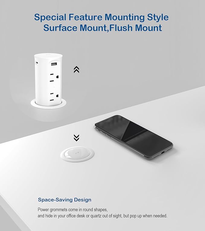 Jgstkcity 2.5 inch Hole Pop up Outlet for Countertop,20W USB C,4 USB Ports,4 Outlets 15Amp Receptacle Flush Mount,Space Saver Recessed Outlet,1875W,ETL Listed,2 PCS (White, 20W USB)