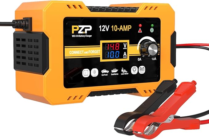 12V Automatic Car Battery Charger, 0-10A Arbitrarily Adjustable Smart Trickle Charger, Auto Desulfator with Battery Repair, Battery Maintainer with Winter Mode for AGM, Gel, Deep Cycle, Lead-Acid