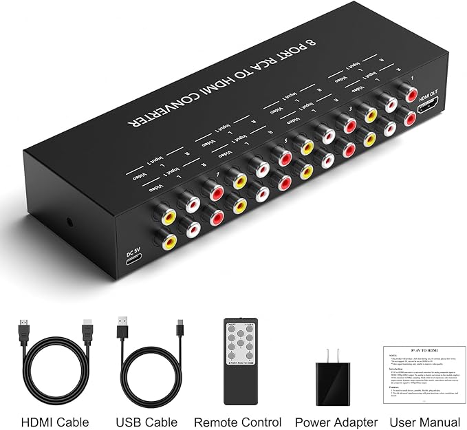 Dingsun 8Port AV to HDMI Converter, Will Convert Input Analog Aignals to a Digital Output Signal, Built-in 16:9/4:3 Adjustment, Perfect for Old Video Game Systems,PS,WII,Xbox,DVD,VHS(with Remote)