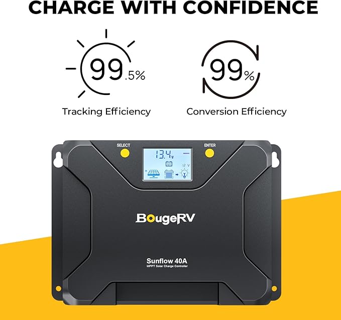 BougeRV MPPT Solar Charge Controller 40A, w/ Low-Temp Cut-Off, APP Control, Backlit LCD, 40 Amp Solar Panel Regulator 12V/24V for LiFePO4, SLD, Gel, FLD, AGM Battery, RV, Marine, Upgraded