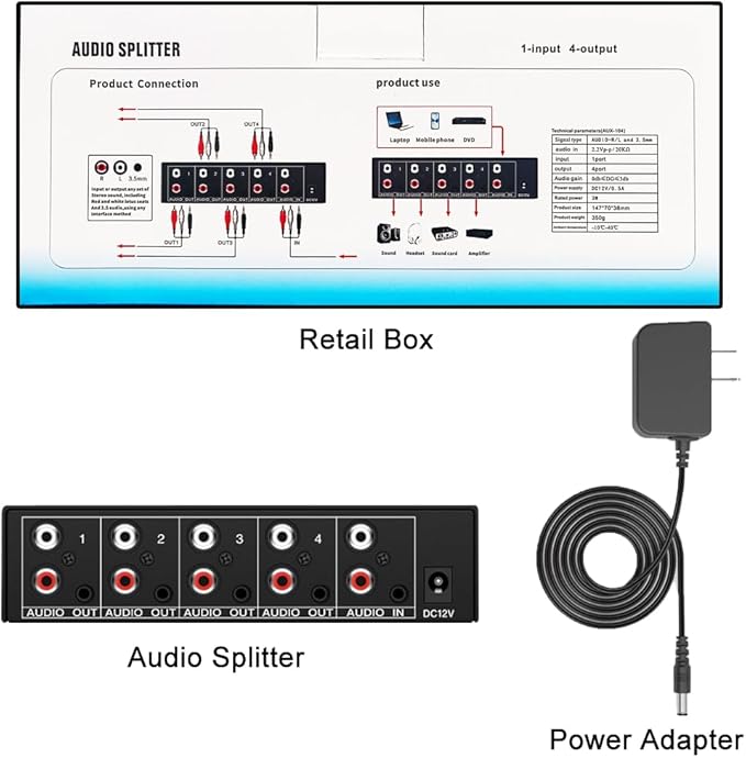 FlyroadUp 3.5mm Aux + RCA L/R Audio Splitter 1 in 4 Out Stereo Analog Audio Distributor Box