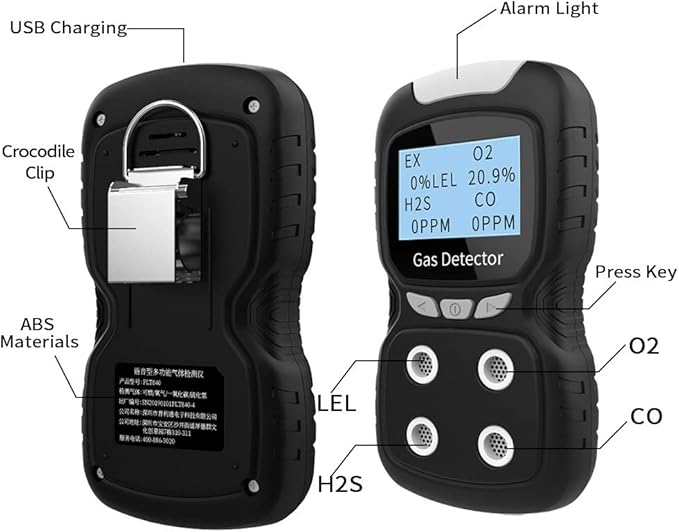 XLA Alert Portable Gas Detector, Gas Clip 4 Gas Monitor Meter Tester Analyzer, Rechargeable LCD Display Sound Light Shock Air Quality Tester, 2 Year Detector…