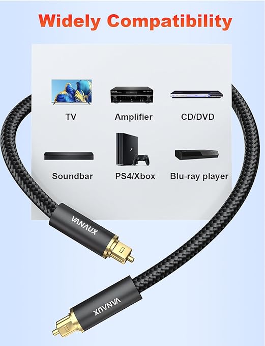 VANAUX Digital Optical Audio Cable Fiber Optic Cable S/PDIF Toslink Cords Compatible with Home Theater, Sound Bar, TV, PS4, Xbox, PlayStation & More - Black (26ft/8m)