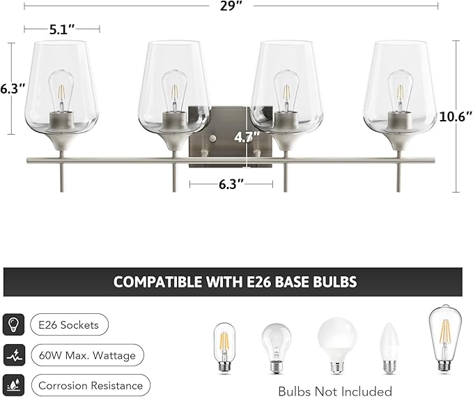 VONLUCE Bathroom Vanity Light, 4 Light Bathroom Light Fixture Over Mirror, Bathroom Wall Lamp with Clear Glass, Modern Vanity Lighting for Bathroom, Bedroom, Hallway, Brushed Nickel, ETL Certificated