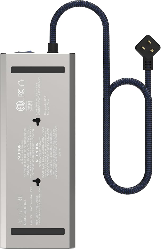 Austere V Series Surge Protector Power Strip, 6 Wide Outlet, 3 USB C & 2 USB A 2.4 amp Ports | 3000 Joules Heavy Duty, EMI/RFI Filtering, 5 Year Component Guarantee