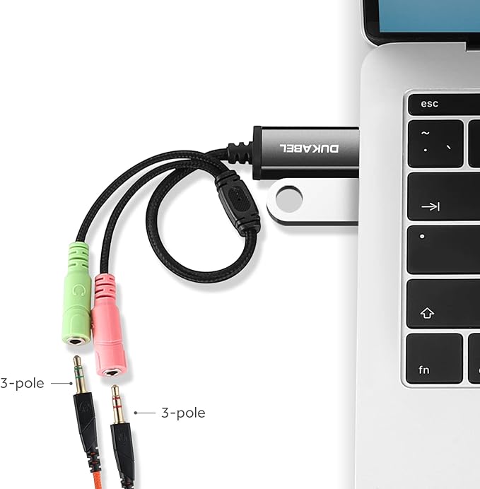 Long USB Audio Adapter, DuKabel USB to 3.5mm Jack TRS AUX Adapter for Built-in Chip USB Sound Card for Headset with Separate Plug TRS 3 Pole Microphones [Metal Housing & Durable Braided / 47inch]