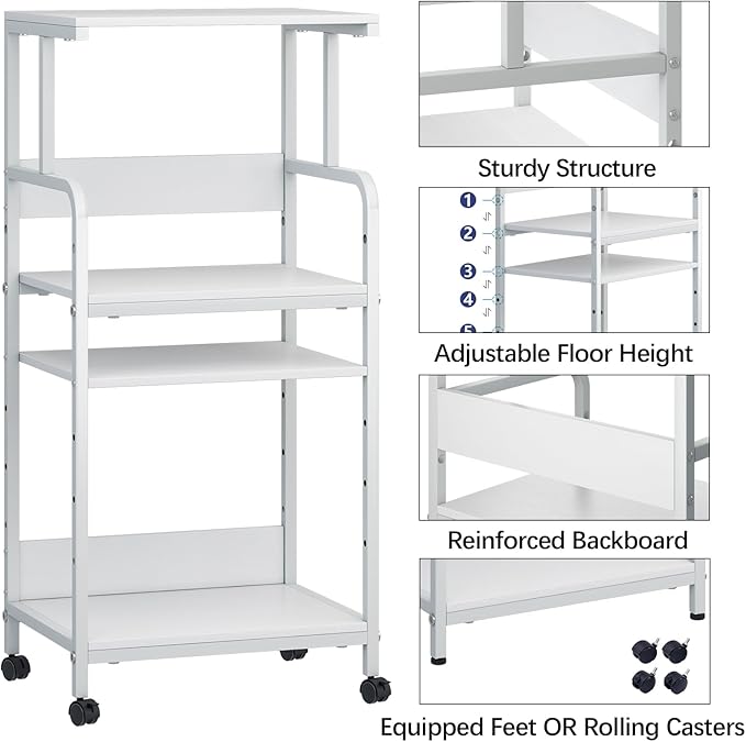 Arbuxzuy 4-Tier Printer Stand with Storage Shelf, Mobile Printer Table for Home Office, Adjustable Stand for Printer, Scanner, Fax (White)