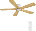 WINGBO 48" Flush Mount DC Ceiling Fans Without Lights, 5 Carved Solid Wood Blades, 6-Speed Reversible DC Motor, Low Profile Hugger Ceiling Fan No Lights for Living Room Bedroom Patio, White and Oak