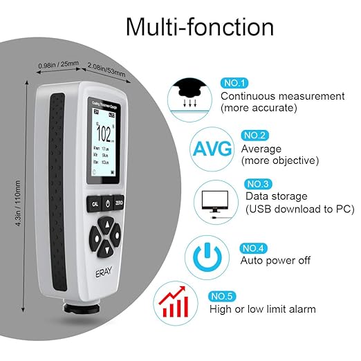 ERAY Mil Thickness Gauge, Coating Thickness Gauges, Paint Depth Gauge Meter with Backlight LCD Display for Car Automotive, Limit Alarm/Data Storage/Export Data/PC Software Analysis (Grey)