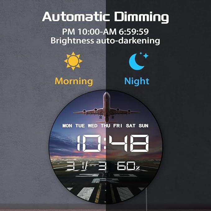 Timethink 12'' Airplane Digital Wall Clock Large Display, Aviation Electric Wall Clock Smart Dimming, Temperature, Humidity, 12/24hr, Date, USB Powered for Office Bedroom Pilot Aviator Retirement Gift