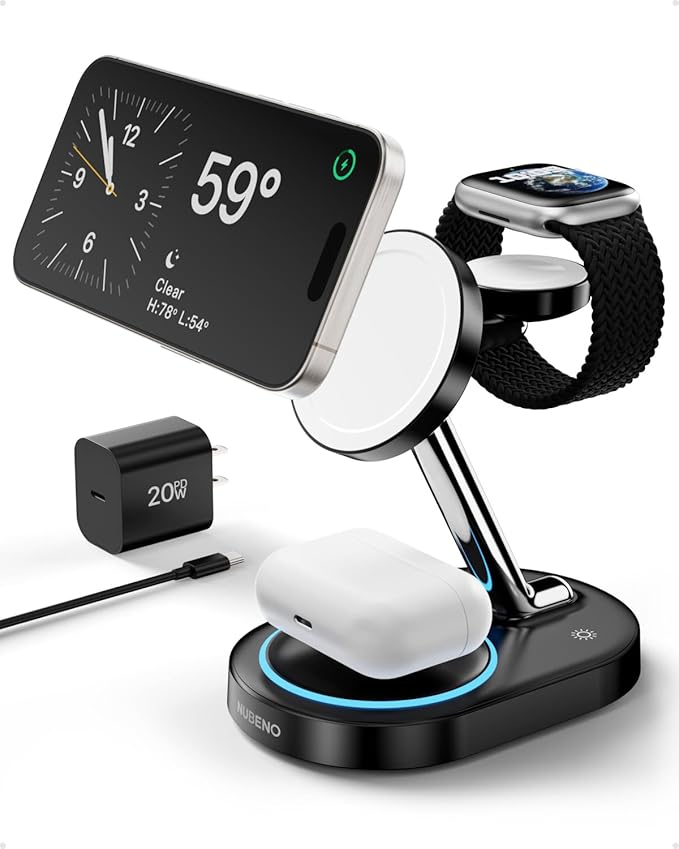 Nubeno Fast Charging Station for Magsafe Apple Devices, Wireless Charger Station for MagSafe iPhones, 3 in 1 Magnetic Charger Stand for iPhone 15/14/13/12, Apple Watch & AirPods(Blk)