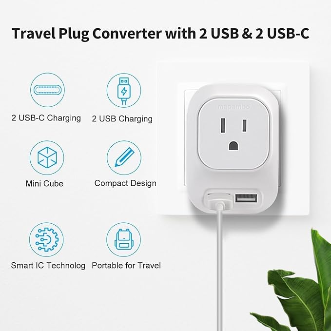 Mapambo Voltage Converter US to Europe Travel: International Universal Travel Adapter with Fast Charging 2 USB-A 2 USB-C Port Worldwide Power Converters Plug Combo for Spain Italy (White)