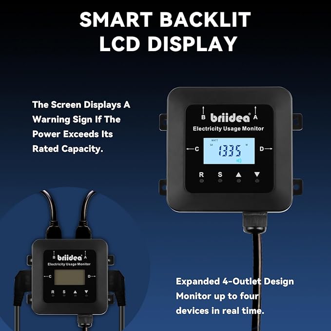 briidea Electricity Usage Monitor, 4-Outlet Power Consumption Watt Voltage Amp Meter Tester, Real-Time Energy Analyzer with Backlit LCD, Overload Alerts, Memory Function for Home Appliances