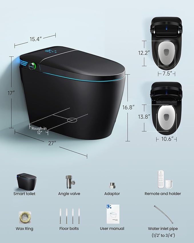 WANSID Black Smart Toilet with Bidet Built In, Auto Open/Close Lid, Heated Seat, Warm Wash & Dryer, Night Light, Soft-Close,Modern Elongated Tankless One Piece Toilets, 1.28 GPF
