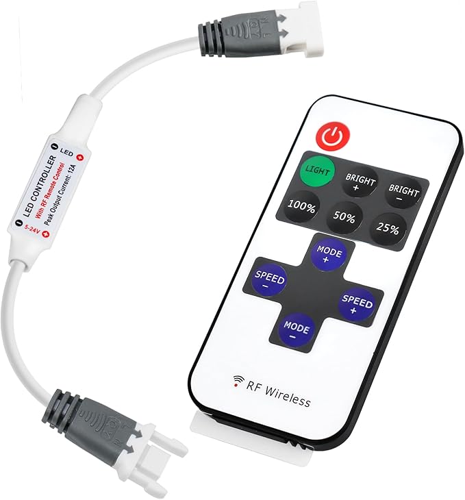 RF Mini Wireless Remote Controller for Single Color 3528 5050 LED Strip Lights, Wireless Remote Control with 2Pin JST Connector, RF LED Strip Light Dimmer