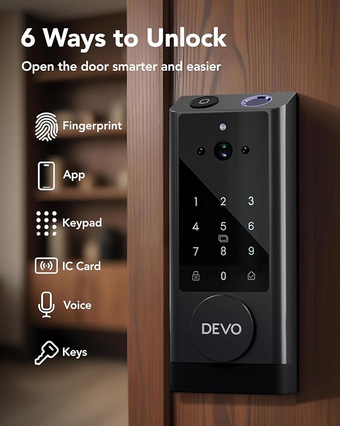 Devo G1 Video Smart Lock with Camera&Doorbell, 6-in-1 Keyless Entry Door Lock Deadbolt with Handle Set, App Remote, Fingerprint ID, Auto Locks, Built-in Wi-Fi Smart Deadbolt for Front Door