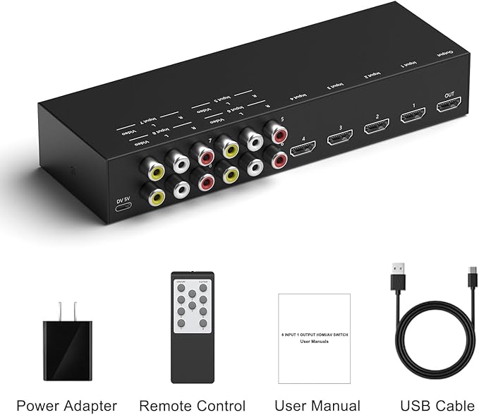 RuiPuo 8-Input to 1-HDMI-Output Converter (Consisting of 4 AV Inputs and 4 HDMI Inputs) Switchbetween Quick Different Sources(8 in-1 Out)
