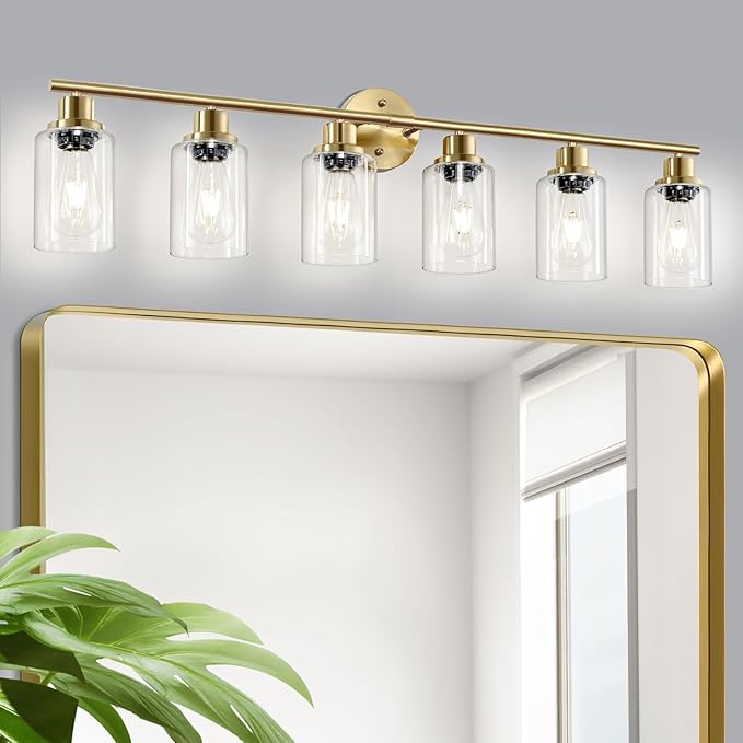Guliaofo 6-Light E26 Gold Bathroom Vanity Lights, Modern Bathroom Light Fixtures with Clear Glass Shade, Wall Lamps for Mirror Hallway Kitchen Cabinet Living Room Sconces Lights