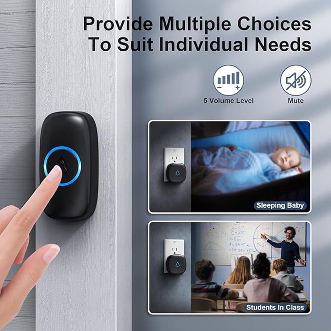 SECRUI Wireless Doorbell with 2 Receivers 2 Push Buttons, Easy installation, Adjustable Volume, 58 Chimes, Colorful LED, 1000Ft Range, M520+F55, Black