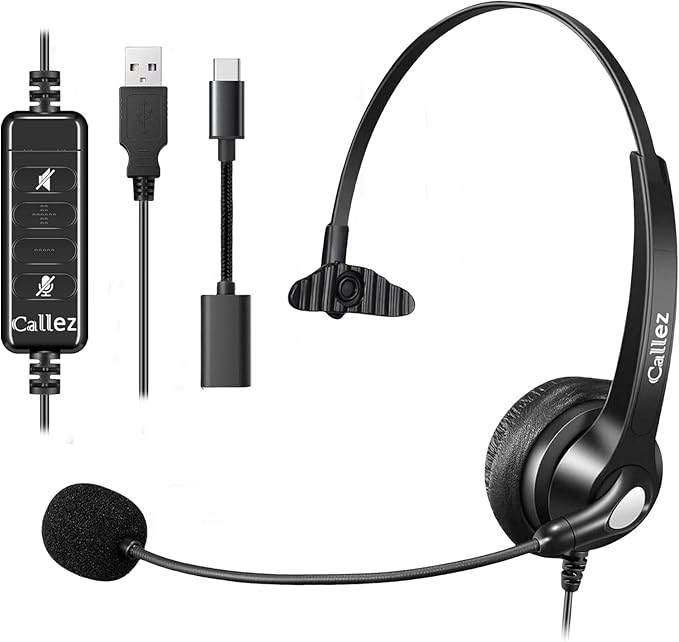 Callez Wired USB Headset, Computer Headset with Mic Noise Cancelling, USB-C Headset for PC Laptop Mac iPhone Samsung Teams Zoom Skype Home Office Work Call Center, in-line Controls Mic Mute