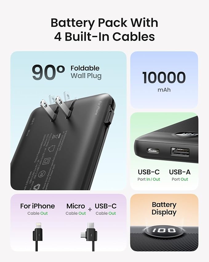 Coowisty Portable Charger with Wall Plug, Slim USB C Power Bank with Built-in Cables, 10000mah LED Display External Battery Pack Compatible with iPhone/Android & More (Black)