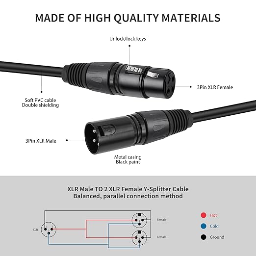 2 Pack XLR Splitter Cable,1 Maleto 2 Female, 1.5FT Stereo Mic to L&R Audio Y-Splitter Cable