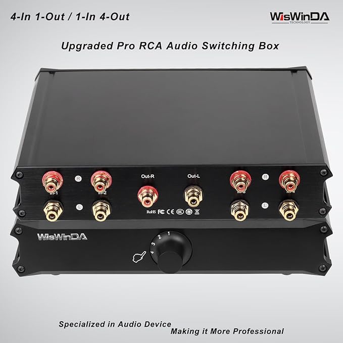 4-in 1-Out Pro RCA Audio Switch Box Audio Converter 4 Channels 1-in 4-Out HiFi Stereo Passive Audio Selector Switcher Box Aluminum Shell Quality RCA Connectors (4-IN-1-OUT)