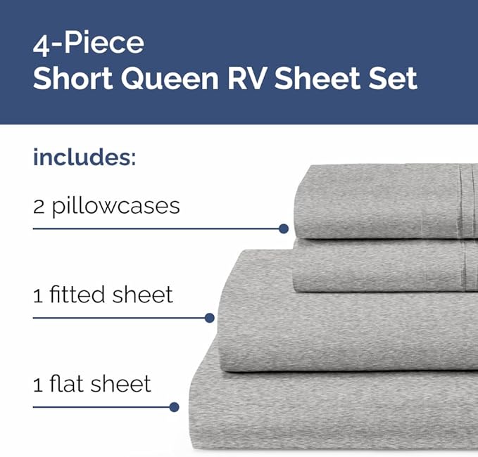 RV Short Queen Sheet Set 60 X 75 - 4 Piece RV Short Queen Bed Sheets - Soft, Breathable & Cooling - Designed for Bunks, Trailers & Campers - Fits 8” to 12" Mattress - Luxury Bedding - Heathered Grey