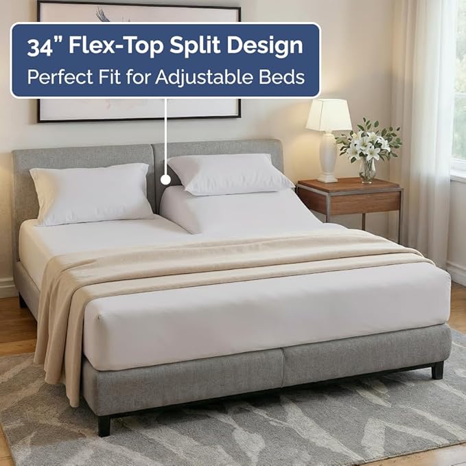 Split Head King Sheets Set - Top Split King Sheets for Adjustable Beds, Easy-Fit Split Head King Mattress - Flex Split Top King Sheets, Easy-Fit, Breathable, Deep Pocket Split King Sheets - Light Grey