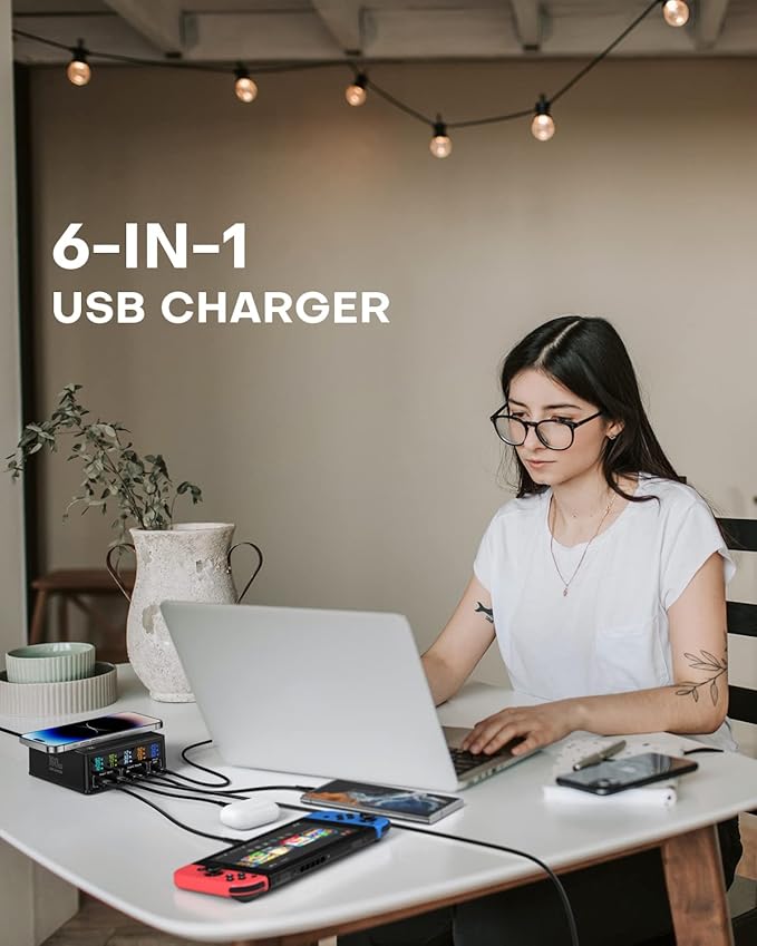 ASOMETECH Charging Station, 160W 5-Port USB C with 65W PD, QC3.0, Wireless Charger, LCD Display for MacBook, Laptop, iPad, iPhone, Samsung