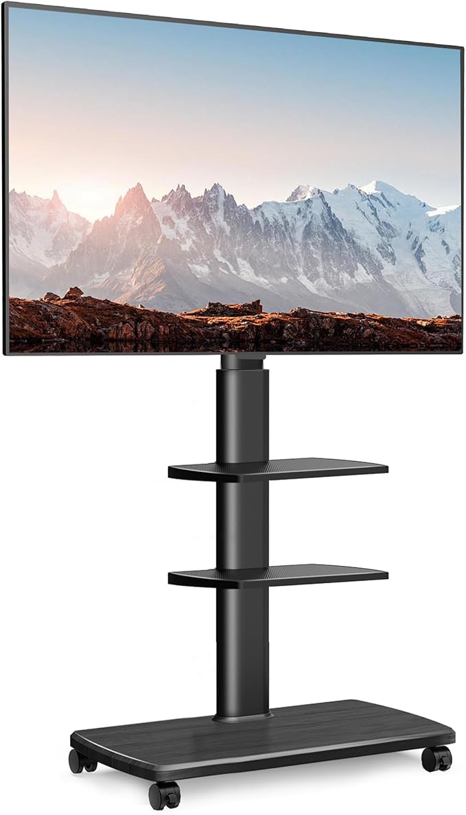 FITUEYES Swivel Rolling TV Stand, Height Adjustable Mobile TV Cart for 32-65 70 Inch TVs, Corner Floor TV Stand for Bedroom, Living Room, Home Office, Kitchen, Black