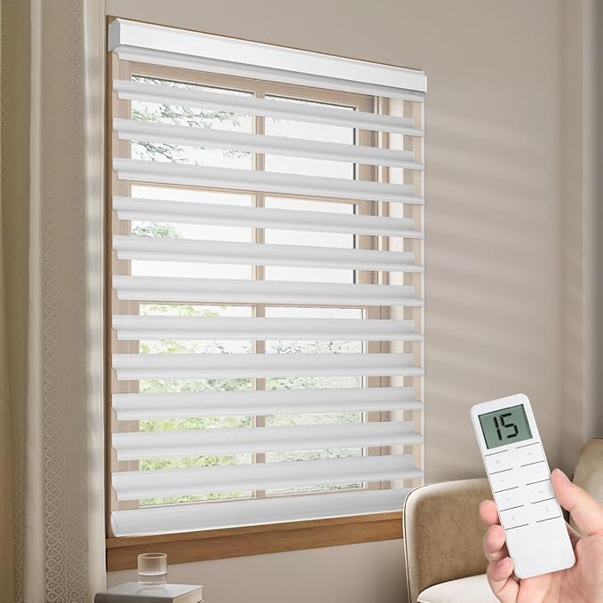Tokblind Motorized Sheer Shade with Remote Control, Blackout Electric Roller Blinds Compatible with Alexa via Hub, Rechargeable Smart Window Shade Custom Size (Blackout Greyish White)